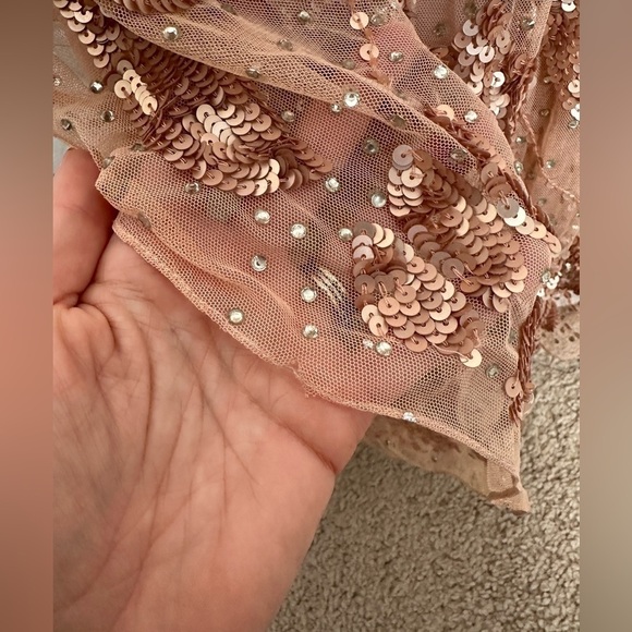 MAC DUGGAL Rose Gold Sequined faux wrap split long sleeve gown 16 NWT - Picture 10 of 16